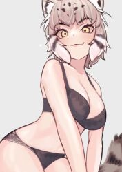 Rule 34 | 1girl, a888 n22, animal ears, bare shoulders, bra, breasts, cat ears, cat girl, cat tail, extra ears, grey background, grey hair, highres, kemono friends, large breasts, looking at viewer, navel, pallas&#039;s cat (kemono friends), panties, short hair, simple background, solo, tail, underwear, yellow eyes