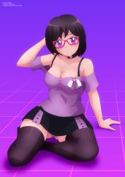 Rule 34 | 1girl, absurdres, arm support, arm up, arms behind head, black hair, black skirt, black thighhighs, blue background, blush, bra strap, breasts, choker, cleavage, collarbone, glasses, gradient background, grid, highres, indie virtual youtuber, looking at viewer, medium breasts, misa vtuber, panties, pantyshot, purple background, purple eyes, purple panties, purple shirt, shirt, short hair, short sleeves, sitting, skirt, smile, solo, striped clothes, striped panties, thighhighs, two-tone background, underwear, virtual youtuber, zel-sama