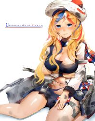 Rule 34 | 10s, 1girl, bad id, bad twitter id, beret, blonde hair, blue eyes, blue hair, blush, breasts, character name, cleavage, commandant teste (kancolle), hat, highres, jacket, kantai collection, large breasts, long hair, looking at viewer, matching hair/eyes, multicolored hair, navel, pom pom (clothes), red hair, scarf, sitting, solo, streaked hair, syouyugoblin, torn clothes, white hair
