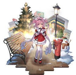 Rule 34 | 1girl, ahoge, azur lane, bench, black hairband, box, christmas, christmas lights, christmas tree, closed eyes, fur-trimmed shirt, fur trim, gift, gift box, hair between eyes, hairband, highres, holding, holding gift, long hair, long sleeves, mittens, official alternate costume, official art, one eye closed, open mouth, park bench, pink hair, pleated skirt, postbox (outgoing mail), purple eyes, red footwear, red shirt, saratoga (azur lane), saratoga (silent night songstress) (azur lane), saru, scarf, shirt, skirt, snow, snowman, solo, twintails, white scarf, white skirt
