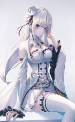Rule 34 | 1girl, absurdres, arm at side, arm support, bad id, bad pixiv id, bare shoulders, black ribbon, blue pupils, braid, breasts, cleavage, cleavage cutout, closed mouth, clothing cutout, detached collar, dress, emilia (re:zero), eyebrows hidden by hair, feet out of frame, floating hair, flower, french braid, frilled sleeves, frills, gem, green gemstone, hair flower, hair ornament, hair ribbon, hand on own ear, hand to head, hand up, head tilt, highres, long hair, long sleeves, looking at viewer, low-tied long hair, medium breasts, miniskirt, pleated skirt, pointy ears, purple eyes, re:zero kara hajimeru isekai seikatsu, ribbon, sidelocks, sitting, skirt, smile, snowing, solo, thighhighs, thighs, underbust, very long hair, white background, white dress, white flower, white hair, white skirt, white sleeves, white thighhighs, wide sleeves, yuka865, zettai ryouiki