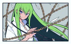 Rule 34 | 1other, androgynous, blue eyes, chain, enkidu (fate), fate/strange fake, fate (series), feathers, green hair, hacco mayu, highres, long hair, long sleeves, looking at viewer, robe, smile, solo, very long hair, white robe