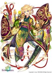 Rule 34 | 1girl, :d, acacia (flower knight girl), animal, blonde hair, boar, chinese zodiac, city forest online, copyright name, floral print, flower, flower knight girl, full body, green kimono, hair flower, hair ornament, happy, japanese clothes, kimono, looking at viewer, obi, official art, open mouth, print kimono, purple eyes, sandals, sash, short hair, simple background, smile, smoke, solo, sword, weapon, white background, year of the pig