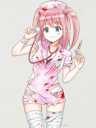 Rule 34 | 1girl, bandaged arm, bandaged leg, bandages, black bra, blood, blood on clothes, bloody bandages, blue eyes, blush, bra, breasts, closed mouth, collarbone, commentary request, dress, grey background, hair between eyes, hat, highres, holding, holding syringe, lace, lace-trimmed bra, lace trim, long hair, looking at viewer, nemoto hina, nurse, nurse cap, official alternate costume, okiru, pink dress, pink hair, pink hat, short sleeves, simple background, small breasts, smile, solo, standing, stethoscope, syringe, torn clothes, torn dress, two side up, underwear, watashi ga motenai no wa dou kangaetemo omaera ga warui!