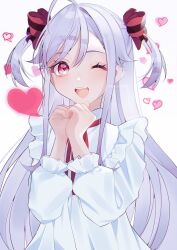 Rule 34 | 1girl, absurdres, ahoge, black bow, bow, dress, grey hair, hair bow, heart, highres, niizuma yae, oji (zeit ff5f00), one eye closed, open mouth, pink eyes, simple background, smile, solo, two side up, white background, white dress, world dai star