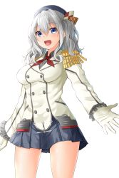 Rule 34 | 10s, 1girl, :d, beret, black hat, black shirt, blue eyes, blue skirt, buttons, coat, collared shirt, cowboy shot, double-breasted, epaulettes, eyebrows, frilled sleeves, frills, gloves, hat, highres, kantai collection, kashima (kancolle), long sleeves, military, military uniform, oekakizuki, open mouth, pleated skirt, red ribbon, ribbon, shirt, short hair, short twintails, silver hair, simple background, skirt, smile, solo, standing, thighs, twintails, uniform, wavy hair, white background, white coat, white gloves, wing collar