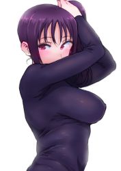 Rule 34 | 1girl, adjusting hair, arms up, ayumu-k, black shirt, black skirt, blush, breasts, commentary request, covered erect nipples, from side, highres, kazuno sarah, large breasts, long sleeves, love live!, love live! sunshine!!, pink eyes, purple hair, red eyes, shirt, side ponytail, sidelocks, simple background, skirt, solo, tight clothes, tight shirt, upper body, white background
