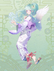 Rule 34 | 1girl, ankle ribbon, bow, dairoku ryouhei, feathered wings, floral print, full body, green background, green hair, hair ornament, highres, japanese clothes, jewelry, kimono, leg ribbon, long hair, long sleeves, looking at viewer, oomizuao, purple bow, purple eyes, red ribbon, ribbon, ring, sandals, sidelocks, smile, solo, til roeve, white wings, wings, zouri