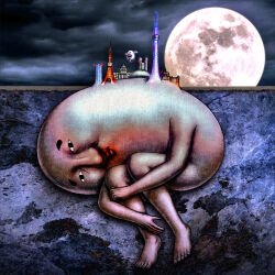 Rule 34 | 2others, 88kasyo junrei, album cover, bald, building, completely nude, cover, creature, full body, full moon, highres, hugging own legs, knees to chest, lips, looking at viewer, moon, multiple others, night, nude, surreal, taniguchi takashi, tokyo tower, tower