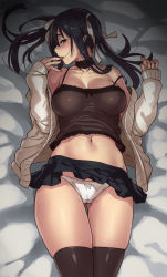 Rule 34 | 1girl, black hair, black thighhighs, bow, bow panties, breasts, breasts apart, camisole, choker, cleavage, clothes lift, elf, elf (houtengeki), female focus, finger to mouth, hair ribbon, highres, houtengeki, large breasts, long hair, looking at viewer, lying, midriff, navel, on back, open clothes, original, panties, pointy ears, ribbon, skindentation, skirt, skirt lift, solo, strap slip, sweat, sweater, thigh gap, thighhighs, thighs, twintails, underwear, white panties, yellow eyes