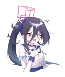 Rule 34 | &lt;key&gt; (blue archive), 1girl, absurdly long hair, absurdres, black hair, blue archive, blue choker, blush, breasts, choker, collarbone, commentary request, detached sleeves, dress, fang, halo, highres, kiroshi, korean commentary, long hair, one side up, open mouth, partial commentary, red eyes, red halo, ringed eyes, simple background, small breasts, solo, upper body, very long hair, white background, white dress