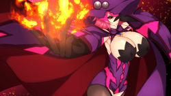 Rule 34 | 1girl, bare shoulders, black gloves, black sclera, blazblue, blazblue: central fiction, blazblue phase 0, breasts, byakkun (byakkun8181), cape, cleavage, colored sclera, detached sleeves, dress, fire, gloves, hair over one eye, hat, highres, konoe a. mercury, large breasts, long hair, looking at viewer, pink hair, red eyes, smile, solo, thighhighs, witch, witch hat, yellow eyes