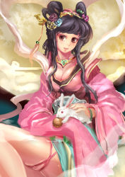Rule 34 | 1girl, black hair, breasts, chang&#039;e, chinese clothes, cleavage, hanfu, japanese clothes, kimono, large breasts, long hair, moon rabbit, original, rabbit, red eyes, solo, suoni (deeperocean)