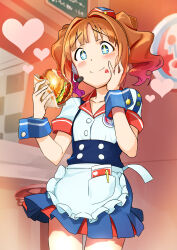 Rule 34 | + +, 1girl, absurdres, apron, bar stool, blue eyes, blue skirt, blue wrist cuffs, blush, breasts, brown hair, burger, burger skater (idolmaster), cheese, closed mouth, collarbone, cowboy shot, dot nose, eating, food, food on face, frilled apron, frills, glint, hand on own face, hands up, happy, hat, headset, heart, highres, holding, holding food, idolmaster, idolmaster (classic), idolmaster million live!, idolmaster million live! theater days, indoors, ketchup, lettuce, long hair, looking at another, meat, menu, menu board, mini hat, momo no suidou-sui, pen in pocket, red hat, shirt, short sleeves, skirt, small breasts, smile, solo, standing, stool, takatsuki yayoi, twintails, waist apron, white apron, white shirt, wrist cuffs