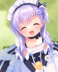 Rule 34 | 1girl, :d, ^ ^, aged down, apron, azur lane, belfast (azur lane), bird, black dress, blush, braid, chick, close-up, closed eyes, collarbone, day, dress, dutch angle, frilled apron, frilled dress, frills, gloves, grass, hair between eyes, holding, long hair, looking at viewer, maid headdress, on grass, open mouth, outdoors, piyodera mucha, purple hair, sitting, smile, solo, waist apron, white apron, white gloves