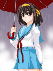 Rule 34 | 00s, brown hair, rain, school uniform, serafuku, shinama, short hair, solo, suzumiya haruhi, suzumiya haruhi no yuuutsu, umbrella