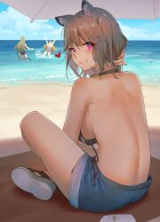 Rule 34 | 3girls, absurdres, animal ear fluff, animal ears, antenna hair, arknights, bare back, beach, bikini, blue shorts, blue sky, breasts, brown hair, ceobe (arknights), cloud, crocodilian tail, day, dog ears, dog girl, gavial (arknights), green hair, heart, highres, large breasts, long hair, looking at viewer, looking back, multiple girls, ocean, official alternate costume, outdoors, purple eyes, sand, short hair, short shorts, shorts, sitting, sky, smile, striped bikini, striped clothes, swimsuit, tail, untied bikini, utage (arknights), utage (summer flowers) (arknights), vertical-striped bikini, vertical-striped clothes, yoshimori isa