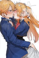 Rule 34 | 1boy, 1girl, absurdres, arm around neck, black shirt, blonde hair, blue eyes, blue jacket, blush, bow, bowtie, brother and sister, closed eyes, cropped jacket, drooling, ear blush, french kiss, hand on another&#039;s ass, heavy breathing, highres, hoshino aquamarine, hoshino ruby, hug, incest, jacket, kiss, long hair, looking at another, necktie, one side up, oshi no ko, poharo, red bow, red bowtie, red necktie, saliva, school uniform, shirt, siblings, simple background, skirt, star-shaped pupils, star (symbol), sweatdrop, symbol-shaped pupils, tongue, tongue out, trembling, twincest, twins, very long hair, white background, white skirt, youtou high school uniform