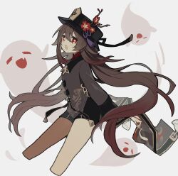 Rule 34 | 1girl, black hat, black shorts, blush, boo tao (genshin impact), branch, brown coat, brown hair, chinese clothes, closed eyes, coat, collared coat, fang, flower, flower-shaped pupils, flower hat, flying, genshin impact, ghost, gradient hair, grey background, hat, hat ribbon, highres, hu tao (genshin impact), long hair, long sleeves, looking at viewer, mandarin collar, merry-san, multicolored hair, open mouth, purple ribbon, red eyes, red flower, red shirt, ribbon, shirt, short shorts, shorts, sidelocks, simple background, smile, solo, standing, sun hat, symbol-shaped pupils, tassel, tassel hat ornament, twintails, wide sleeves, wing collar
