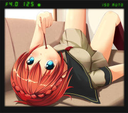 Rule 34 | 1girl, :o, blue eyes, blush, couch, holding, looking at viewer, lying, ok-ray, on back, original, pocky, red hair, school uniform, serizawa soara, short hair, skirt, solo, viewfinder