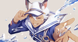 Rule 34 | 13 (bbr584607091), 1boy, adjusting clothes, adjusting headwear, animal ear fluff, animal ears, blue shirt, brown background, commentary, dark-skinned male, dark skin, grin, hat, highres, jack howl, long sleeves, looking at viewer, male focus, official alternate costume, one eye closed, outline, outstretched hand, rope, sailor collar, shirt, short hair, simple background, smile, solo, symbol-only commentary, twisted wonderland, upper body, visor cap, water, water drop, white hair, white hat, white sailor collar, wolf boy, wolf ears, yellow eyes