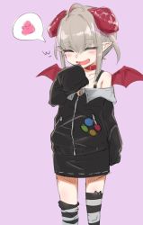 Rule 34 | 1girl, :d, absurdres, animal ear legwear, belt collar, black jacket, blush, cat ear legwear, closed eyes, collar, commentary, curled horns, demon girl, demon wings, fang, grey hair, highres, horns, jacket, laughing, long sleeves, makaino ririmu, multicolored hair, nijisanji, off-shoulder jacket, off shoulder, open mouth, pointy ears, poop, purple background, red wings, short hair, simple background, sleeves past fingers, sleeves past wrists, smile, solo, spaghetti strap, spoken symbol, standing, striped clothes, striped thighhighs, thighhighs, utsusumi kio, virtual youtuber, wings