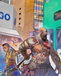 Rule 34 | 3boys, anachronism, arm guards, atreus, bald, beard, bow (weapon), building, bus, city, commentary, english commentary, facial hair, father and son, god of war, highres, kratos (god of war), little thunder, male focus, mimir (god of war), mohawk, motor vehicle, multiple boys, undercut, weapon, weapon on back