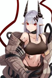 Rule 34 | 1girl, absurdres, anizi, arknights, bare shoulders, black choker, black gloves, breasts, choker, cleavage, commentary, crop top, gloves, grin, highleg, highleg panties, highres, horns, large breasts, long hair, looking at viewer, material growth, midriff, mudrock (arknights), mudrock (elite ii) (arknights), navel, off shoulder, oripathy lesion (arknights), panties, pointy ears, red eyes, sarashi, silver hair, simple background, smile, solo, sports bra, stomach, underwear, upper body, white background