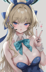 Rule 34 | 1girl, animal ears, black nails, blonde hair, blue archive, blue bow, blue bowtie, blue eyes, blue hair, blue leotard, blush, bow, bowtie, breasts, cleavage, detached collar, fake animal ears, grey background, headset, highres, leotard, long hair, looking at viewer, medium breasts, multicolored hair, nail polish, parted lips, playboy bunny, r0 0ong, rabbit ears, simple background, solo, sparkle, strapless, strapless leotard, toki (blue archive), toki (bunny) (blue archive), v, very long hair, wrist cuffs
