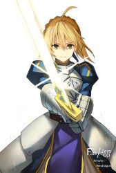 Rule 34 | 1girl, ahoge, armor, armored dress, artoria pendragon (fate), blonde hair, blue dress, blue ribbon, character name, copyright name, dress, excalibur (fate/stay night), fate/zero, fate (series), floating hair, gauntlets, green eyes, hair between eyes, hair ribbon, highres, holding, holding sword, holding weapon, looking at viewer, mizu (dl7613), ribbon, saber (fate), short hair, simple background, smile, solo, sword, weapon, white background