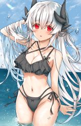 Rule 34 | 1girl, bare arms, bare shoulders, bikini, black bikini, blush, breasts, cleavage, cowboy shot, dragon horns, fate/grand order, fate (series), highres, horns, in water, kiyohime (fate), kiyohime (fate/grand order), kiyohime (swimsuit lancer) (fate), kiyohime (third ascension) (fate), large breasts, long hair, looking at viewer, morizono shiki, navel, outdoors, parted lips, red eyes, solo, standing, swimsuit, thighs, wading, water, wet, white hair