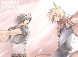 Rule 34 | 2boys, belt, black jacket, blonde hair, blue shirt, brown hair, cape, cloud strife, cropped jacket, fighting, final fantasy, final fantasy vii, final fantasy viii, hidden eyes, jacket, kingdom hearts, lowres, multiple boys, parted bangs, parted lips, red cape, rendezvous, shirt, simple background, sleeveless, sleeveless turtleneck, spiked hair, squall leonhart, square enix, turtleneck, white shirt