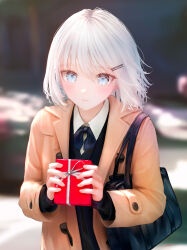 Rule 34 | 1girl, absurdres, black bag, blue eyes, blurry, blurry background, blush, box, brown coat, coat, collared shirt, commentary request, hair ornament, hairclip, highres, holding, holding box, looking at viewer, ojay tkym, open clothes, open coat, original, parted lips, shirt, short hair, solo, upper body, valentine, white hair, white shirt
