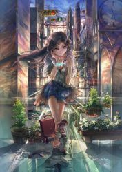 Rule 34 | breasts, city, cleavage, clock, cloud, floating hair, headphones, highres, kopa, long hair, original, plant, reflection, science fiction, sitting, sky, slippers, solo, sunset, traffic light