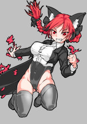 Rule 34 | 1girl, animal ears, braid, breasts, cat ears, cat girl, center frills, coattails, female focus, fire, frills, grin, high heels, jumping, kaenbyou rin, kittysuit, large breasts, leotard, mersoleil03, nontraditional playboy bunny, red eyes, red hair, slit pupils, smile, solo, tailcoat, thighhighs, touhou, tuxedo jacket, twin braids