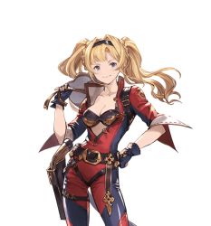 Rule 34 | 10s, 1girl, belt, blonde hair, blue eyes, bodysuit, bra, breasts, cleavage, detached sleeves, fingerless gloves, gloves, granblue fantasy, hairband, hand on own hip, helmet, holding, long hair, looking at viewer, medium breasts, minaba hideo, official art, racing suit, smile, solo, transparent background, twintails, underwear, weapon, zeta (granblue fantasy)