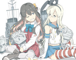 Rule 34 | 1girl, arm support, black hair, black panties, blonde hair, blush, boots, bow, bowtie, breasts, cross-laced footwear, dress, elbow gloves, fang, food, gloves, grey thighhighs, hair ornament, hair ribbon, hairband, halterneck, kantai collection, lace-up boots, large breasts, long hair, long sleeves, looking at another, multicolored hair, multiple girls, naganami (kancolle), navel, ninimo nimo, one eye closed, onigiri, open mouth, panties, pantyhose, parted lips, pink hair, rensouhou-chan, ribbon, rigging, sailor collar, school uniform, serafuku, shimakaze (kancolle), shirt, sitting, skirt, smile, sparkle, striped clothes, striped thighhighs, thighhighs, two-tone hair, underwear, white gloves, white shirt, yellow eyes
