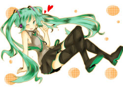 Rule 34 | 1girl, arm support, ayumeru123, bad id, bad pixiv id, black thighhighs, blush, boots, colorized, crossed legs, green eyes, green hair, hatsune miku, heart, highres, long hair, looking at viewer, matching hair/eyes, one eye closed, osasimi (overloadetna), pointing, sitting, skirt, sleeveless, smile, solo, thigh boots, thighhighs, twintails, very long hair, vocaloid, wink