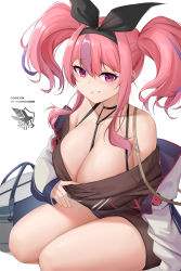Rule 34 | 1girl, absurdres, azur lane, bare shoulders, black choker, black ribbon, black straps, breasts, bremerton (azur lane), bremerton (day-off date) (azur lane), brown sweater, choker, cleavage, clothes pull, dress, eagle union (emblem), hair between eyes, hair ribbon, highres, huge breasts, jacket, kafeifeifeifeifeifei jiemo jun, long hair, looking at viewer, mole, mole on breast, off-shoulder dress, off shoulder, official alternate costume, open clothes, open jacket, pink hair, pulling own clothes, purple eyes, purple hair, ribbon, simple background, sitting, solo, sweater, sweater dress, sweater pull, thick thighs, thighs, twintails, white background, white bag, white jacket