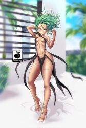 Rule 34 | 1girl, arm up, armlet, blush, bracelet, breasts, curvy, dress, earrings, female focus, full body, green eyes, green hair, high heels, highres, jewelry, linkartoon, looking at viewer, matching hair/eyes, navel, one-punch man, short hair, small breasts, solo, tatsumaki, thick thighs, thighs, toes, wide hips