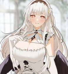 Rule 34 | 1girl, absurdres, azur lane, black wings, blunt bangs, blurry, blurry background, blush, breasts, cleavage, cleavage cutout, closed mouth, clothing cutout, cross-shaped pupils, dress, elbow gloves, feathered wings, flower, frills, gloves, hair flower, hair ornament, hand up, highres, indoors, large breasts, light smile, long hair, looking at viewer, maid, maid headdress, plant, red eyes, sak orz, scylla (azur lane), smile, solo, symbol-shaped pupils, white dress, white gloves, white hair, window, wings