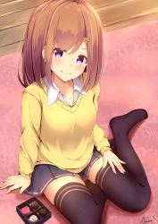 Rule 34 | 1girl, amane 1906, black thighhighs, blush, breasts, brown hair, chocolate, collarbone, commentary request, from above, hair ornament, hairclip, highres, long sleeves, looking at viewer, medium breasts, medium hair, on ground, original, pink eyes, shirt, signature, sitting, skirt, smile, solo, sweater, thighhighs, valentine, white shirt, yellow sweater