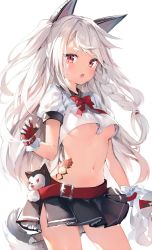 Rule 34 | 1girl, animal ears, azur lane, bad id, bad twitter id, braid, breasts, contrapposto, cowboy shot, crop top, fake animal ears, fingerless gloves, gloves, highres, long hair, long sleeves, looking at viewer, medium breasts, midriff, nail polish, navel, open mouth, pleated skirt, red eyes, sailor collar, sailor shirt, shirt, side braid, side slit, simple background, skirt, slit pupils, solo, standing, tattoo, umibouzu (niito), underboob, white background, yuudachi (azur lane)