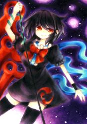 Rule 34 | 1girl, bad id, bad pixiv id, black dress, black hair, black thighhighs, bow, breasts, colored pencil (medium), dress, female focus, highres, houjuu nue, namakuby, polearm, red eyes, snake, solo, spear, star (symbol), thighhighs, touhou, traditional media, trident, weapon, zettai ryouiki