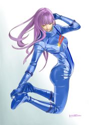 Rule 34 | 1girl, ass, blue background, boots, breasts, closed eyes, emblem, gloves, gradient background, gundam, gundam zz, highres, lips, long hair, pilot suit, purple hair, roux louka, signature, small breasts, solo, spacesuit, toweling3