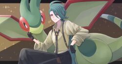 Rule 34 | 1girl, absurdres, ahoge, androgynous, asymmetrical bangs, black gloves, black necktie, black pants, bright pupils, bug, collared shirt, colored skin, creatures (company), dragon, dragonfly, dragonfly wings, ear piercing, earrings, flygon, game freak, gen 3 pokemon, gloves, green hair, green skin, grey shirt, highres, insect, jewelry, long hair, marushi (marusiiiil), necktie, nintendo, pants, piercing, pokemon, pokemon (creature), pokemon sv, ponytail, red eyes, reverse trap, rika (pokemon), shirt, suspenders, triangle earrings, white pupils