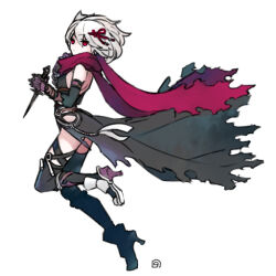 Rule 34 | 1girl, black cape, black gloves, black leotard, black thighhighs, breasts, cape, closed mouth, commentary request, dagger, elbow gloves, expressionless, full body, gauntlets, gloves, guillotine cross (ragnarok online), hair between eyes, hair ribbon, holding, holding dagger, holding knife, holding weapon, knife, kusabi (aighe), leotard, long bangs, looking at viewer, looking to the side, official alternate costume, ragnarok online, red eyes, red ribbon, red scarf, ribbon, scarf, short hair, simple background, small breasts, solo, thighhighs, torn clothes, torn scarf, weapon, white background, white hair