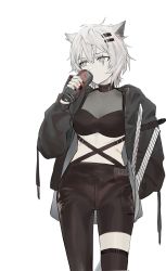 Rule 34 | 1girl, absurdres, alternate hair length, alternate hairstyle, animal ears, arknights, asymmetrical pants, black choker, black gloves, black jacket, black nails, black pants, black thighhighs, breasts, can, choker, commentary, cowboy shot, crop top, drink, drinking, fingerless gloves, gloves, grey eyes, hair between eyes, hair ornament, hairclip, highres, jacket, koio, lappland (arknights), looking to the side, medium breasts, midriff, nail polish, open clothes, open jacket, pants, scar, scar across eye, scar on face, see-through, short hair, silver hair, simple background, single thighhigh, solo, sword, thighhighs, weapon, white background, wolf ears