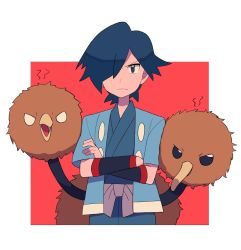 Rule 34 | 1boy, black wristband, blue eyes, blue hair, blue jacket, blue kimono, border, closed mouth, commentary, creatures (company), crossed arms, doduo, falkner (pokemon), frown, game freak, gen 1 pokemon, hair over one eye, highres, jacket, japanese clothes, kimono, male focus, nintendo, open clothes, open jacket, pokemon, pokemon (creature), pokemon hgss, red background, sash, short hair, short sleeves, symbol-only commentary, tyako 089, white border, wristband
