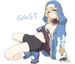 Rule 34 | 1girl, :3, absurdres, acronym, androgyne symbol, aqua eyes, arikui (ooooalikui), belt, belt buckle, black shorts, blonde hair, blue footwear, blue theme, breasts, bridget (guilty gear), brown gloves, brown skirt, buckle, chain, closed mouth, clothes lift, commentary request, copyright name, cuffs, fingerless gloves, genderswap, genderswap (mtf), gloves, grey shorts, guilty gear, guilty gear strive, habit, hair between eyes, handcuffs, hands on ground, highres, initial, leaning back, lifting own clothes, light blush, long hair, long sleeves, looking at viewer, midriff, multiple belts, navel, nun, oversized belt, pleated skirt, shiny skin, shorts, simple background, sketch, skirt, skirt lift, small breasts, smug, socks, solo, unconventional belt, white background, white socks